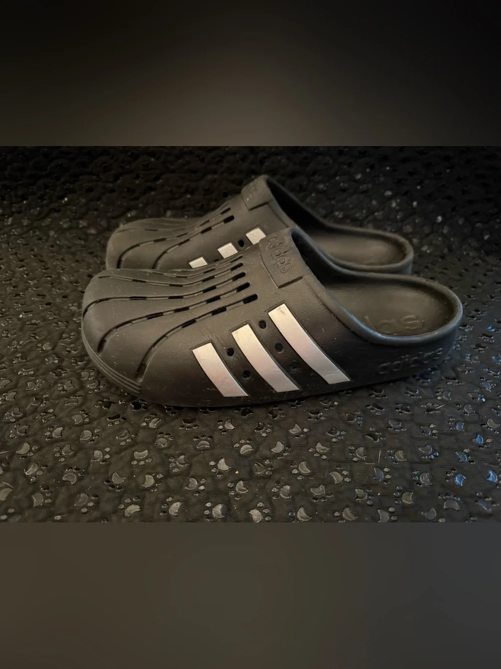 adidas Black Slip-On Clog Sandals with White Three-Stripes
